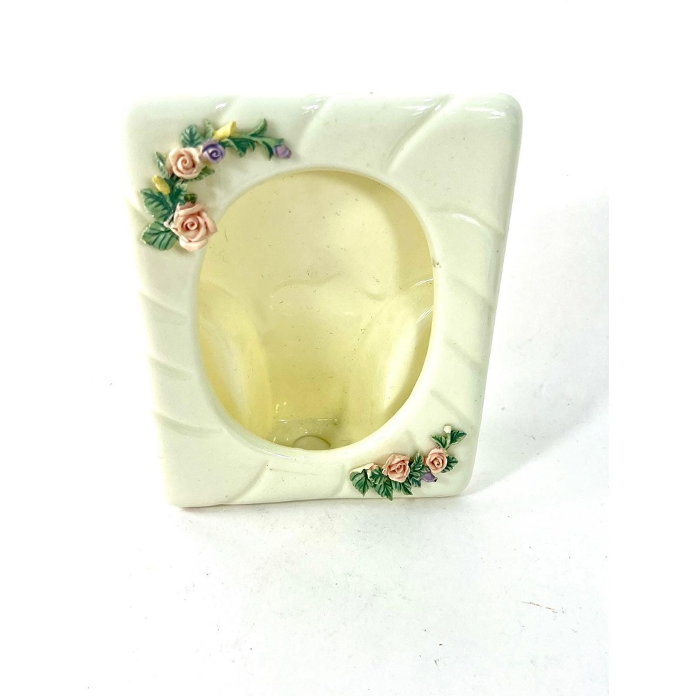 Vintage Ceramic Floral Picture Frame Cream Pink Roses Oval Top Load 4.5x5.5